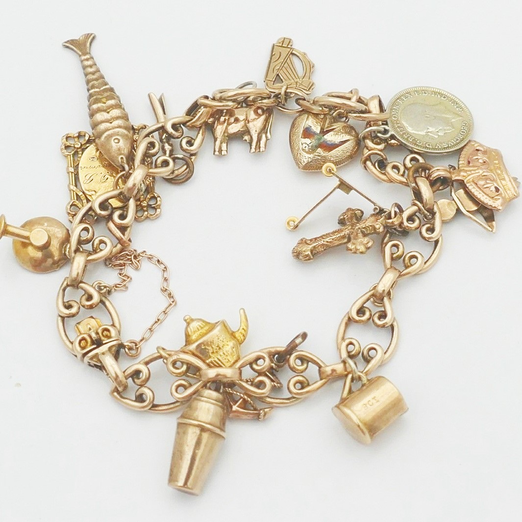 9 carat gold arts and crafts     9 carat arts and crafts gold vintage charm bracelet                                                       